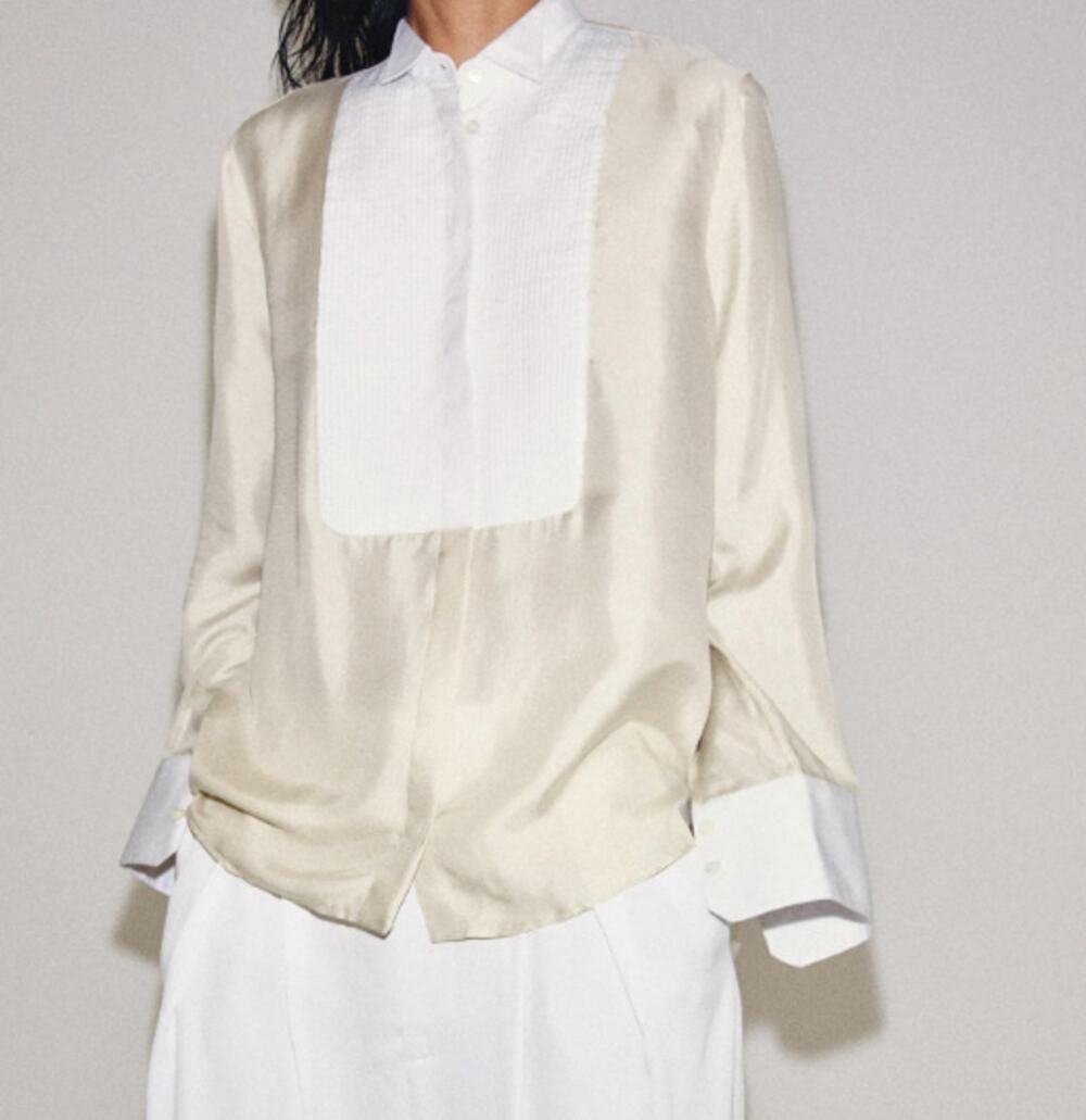 ZARA Silk Long Sleeve Bib Button Down Blouse Shirt Champagne Tan White Small
